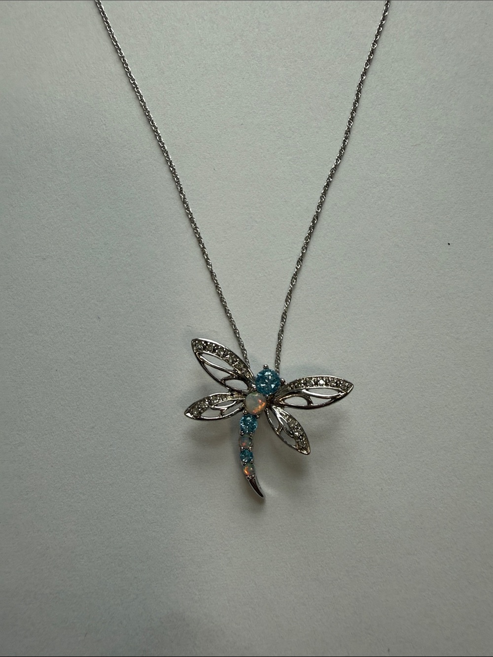 10K White Gold Dragonfly Necklace with Topaz and Opal and White Stones